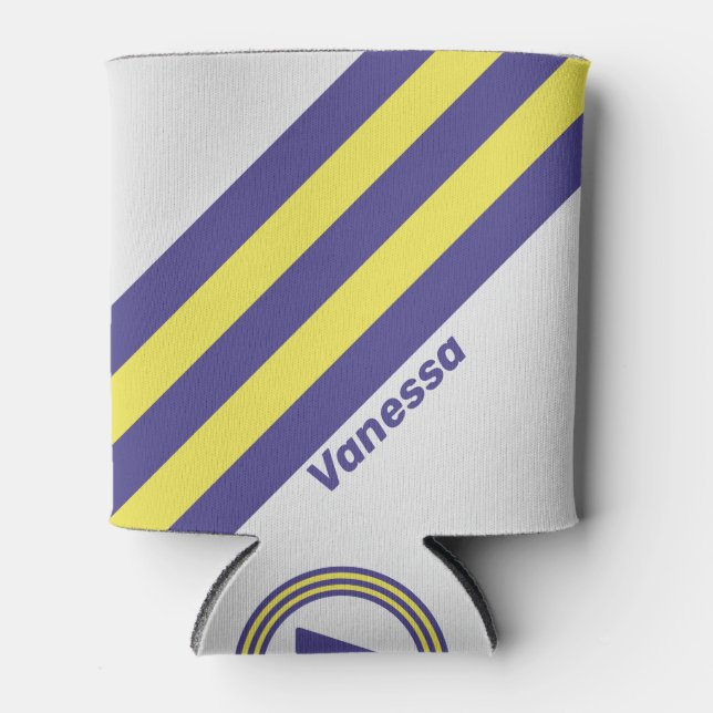 Retro Electric Lemon Grape Stripes with Name Can Cooler (Front)
