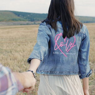 Retro Electric Love Neon Pink Heart Brides Name Denim Jacket