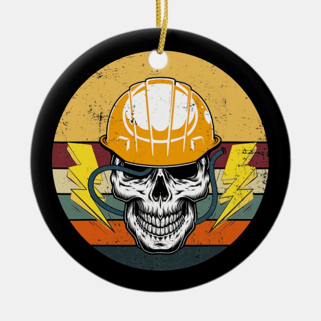 Retro Electrician Skull Electrical Engineer Ceramic Tree Decoration (Front)