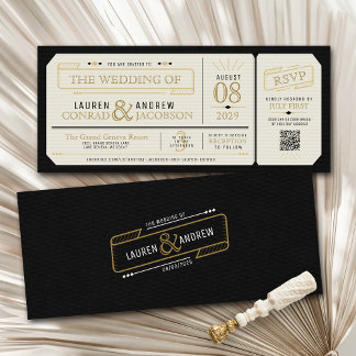 Retro Elegant Black & Gold Vintage Ticket Wedding Invitation