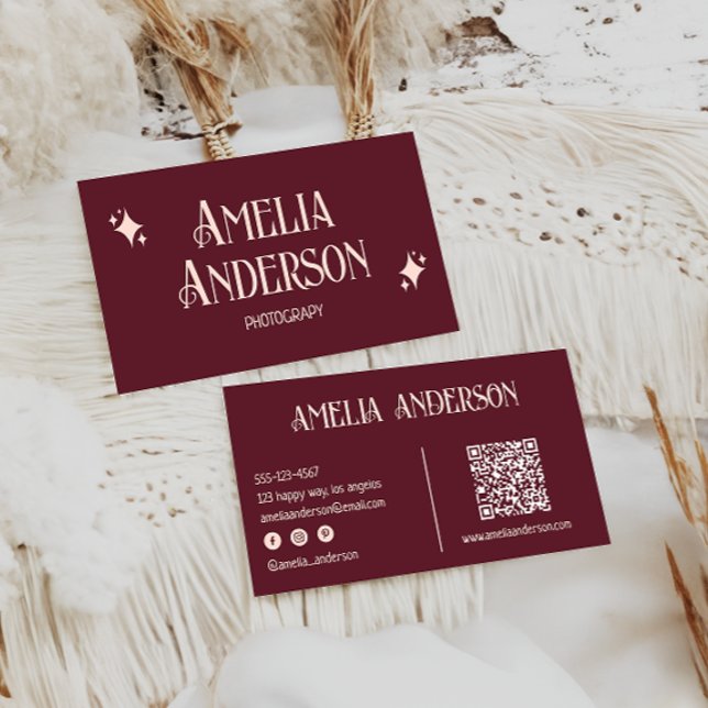 Retro Elegant Blush & Burgundy Qr Code Business Card (Creator Uploaded)