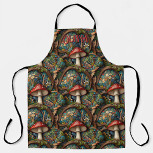 Retro elegant bohemian mushroom forest pattern apron