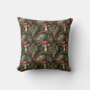 Retro elegant bohemian mushroom forest pattern cushion