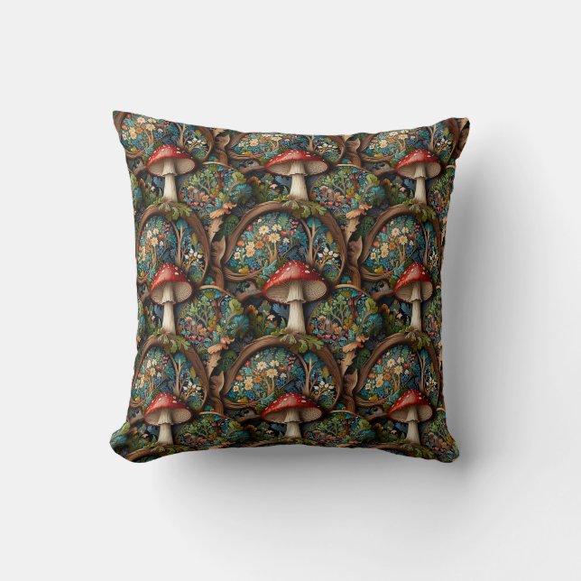 Retro elegant bohemian mushroom forest pattern cushion (Front)