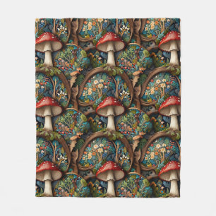 Retro elegant bohemian mushroom forest pattern fleece blanket