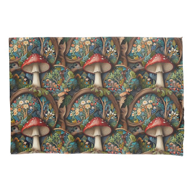 Retro elegant bohemian mushroom forest pattern pillowcase (Front)