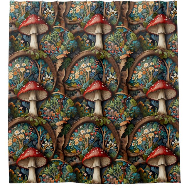 Retro elegant bohemian mushroom forest pattern shower curtain (Front)
