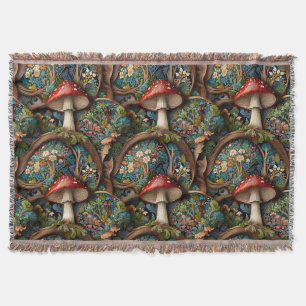 Retro elegant bohemian mushroom forest pattern throw blanket