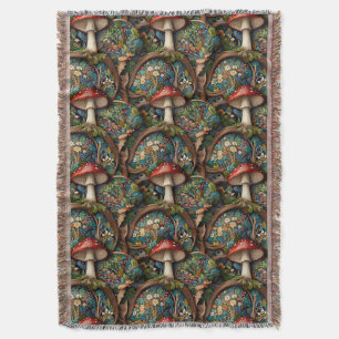 Retro elegant bohemian mushroom forest pattern throw blanket