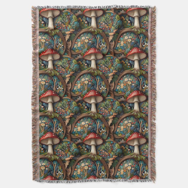 Retro elegant bohemian mushroom forest pattern throw blanket (Front Vertical)