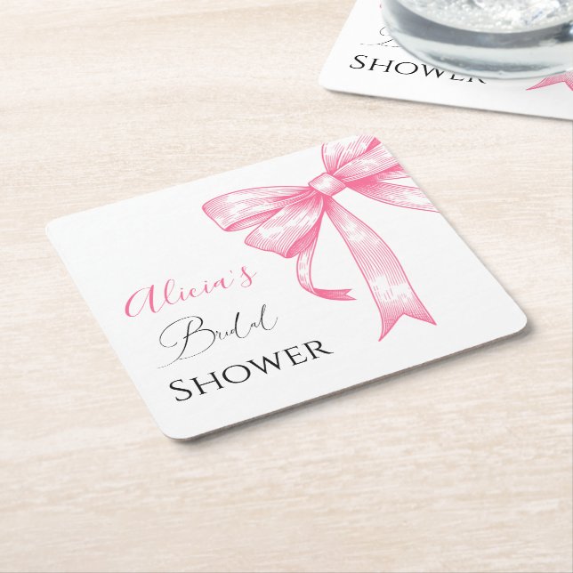 Retro Elegant Coquette Pink Bow Bridal Shower Square Paper Coaster (Angled)