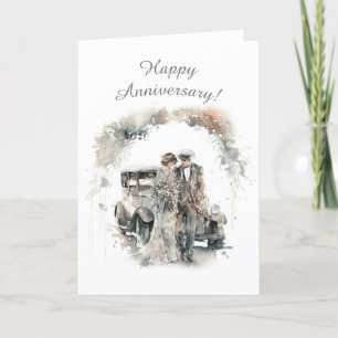 Retro Elegant Couple 1st Year Wedding Anniversary Holiday Card