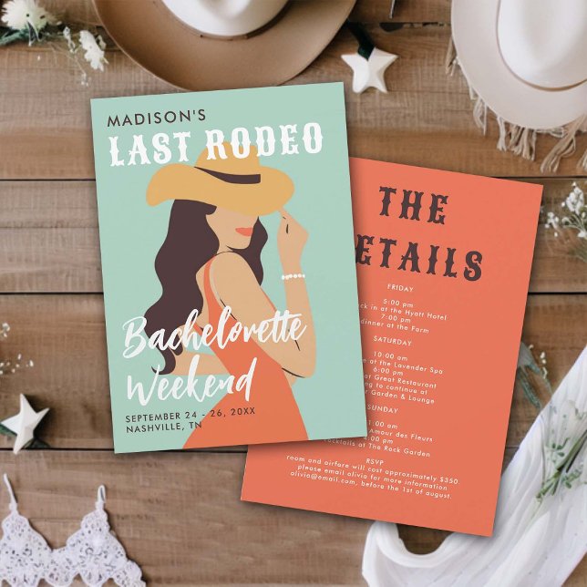 Retro Elegant Last Rodeo Pink Green Bachelorette Invitation (last rodeo bachelorette weekend invitation itinerary retro vintage elegant glam pink green pearls)