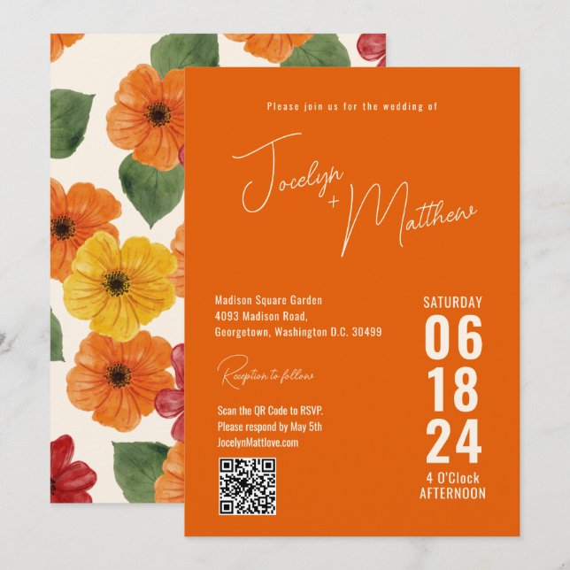 Retro Elegant Modern Floral Orange Invitation (Front/Back)