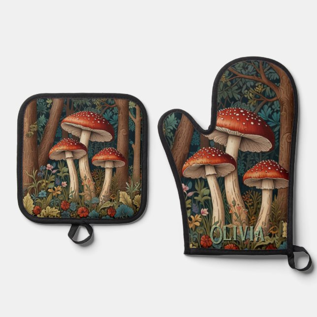 Retro elegant mushroom forest oven mitt & pot holder set (Front)