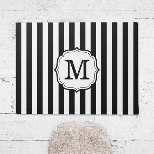 Retro Elegant Personalized Stripe Door Mat (retro elegant black and white stripe door mat)