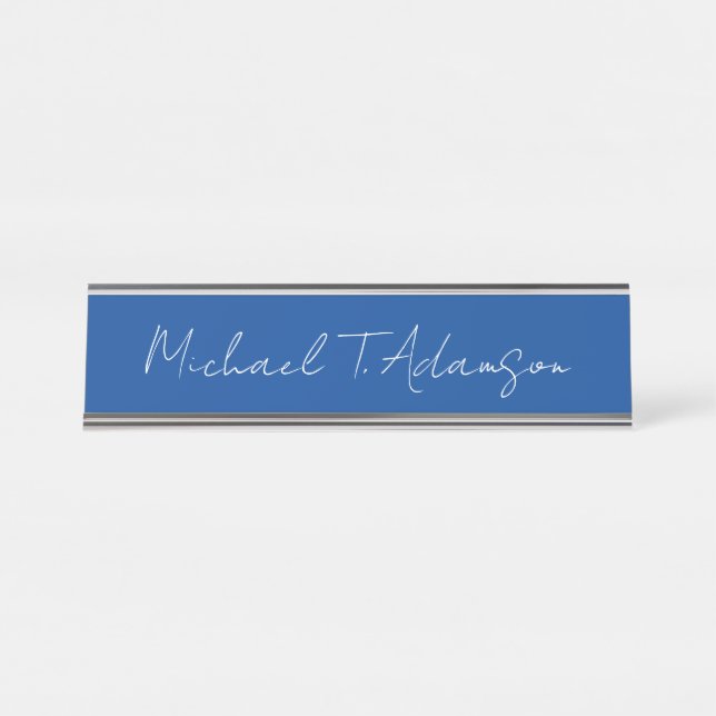 Retro Elegant Plain Simple Deep Blue Calligraphy Desk Name Plate (Front)