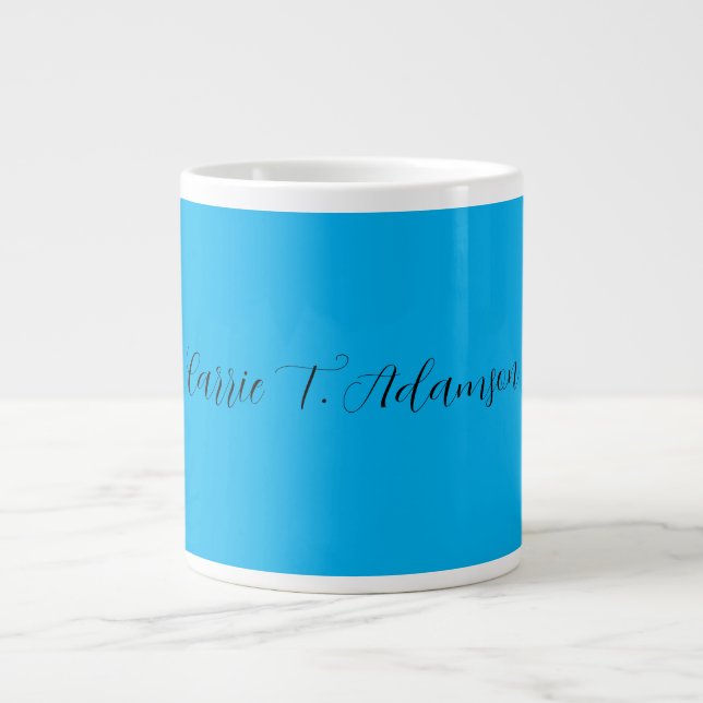 Retro Elegant Plain Sky Blue Calligraphy Name Large Coffee Mug (Front)