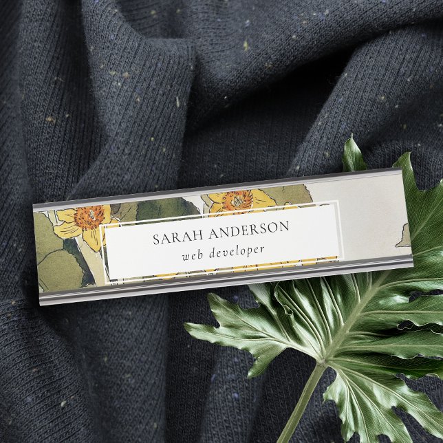 Retro Elegant Rustic Yellow Green Daffodil Floral Desk Name Plate (Creator Uploaded)