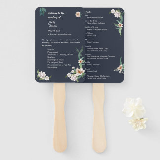 Retro Elegant white Flower Frame Navy Background Hand Fan