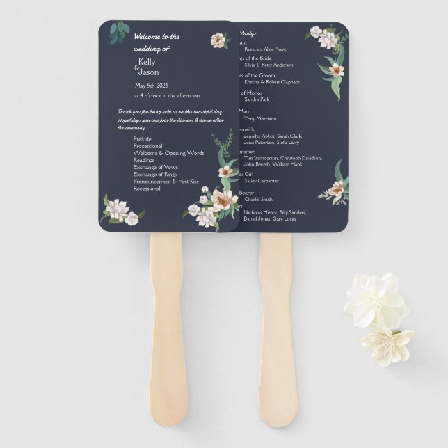 Retro Elegant white Flower Frame Navy Background Hand Fan (Front and Back)
