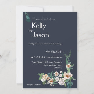 Retro Elegant white Flower Frame Navy Background I Invitation
