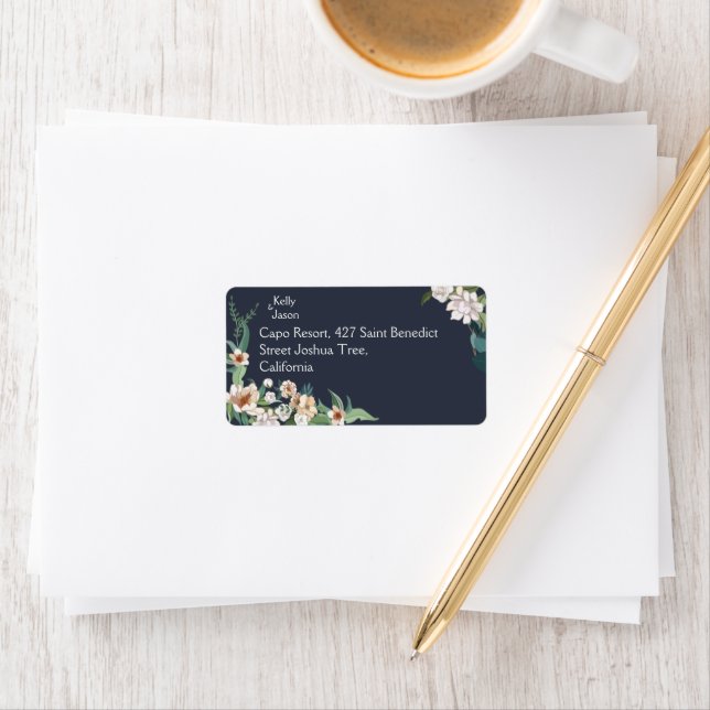 Retro Elegant white Flower Frame Navy Background Label (Insitu)