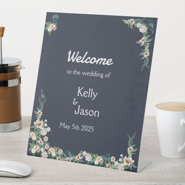 Retro Elegant white Flower Frame Navy Background Pedestal Sign (In SItu)