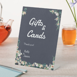 Retro Elegant white Flower Frame Navy Background Pedestal Sign