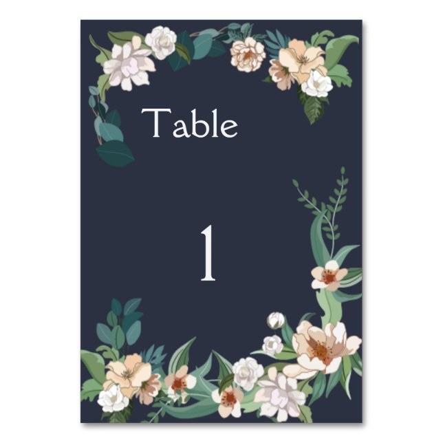 Retro Elegant white Flower Frame Navy Background Table Number (Front)