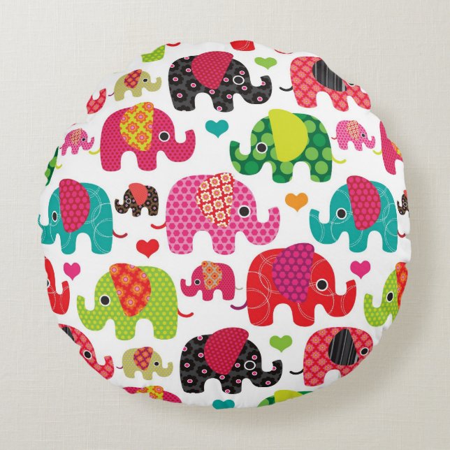 retro elephant kids pattern wallpaper round cushion (Front)