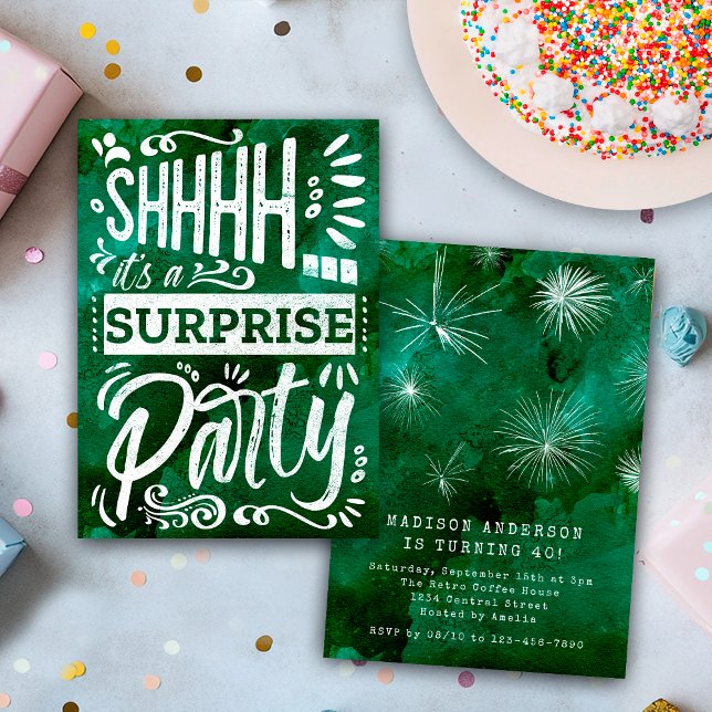 Retro Emerald Green Shh Surprise Birthday Party Invitation (Creator Uploaded)