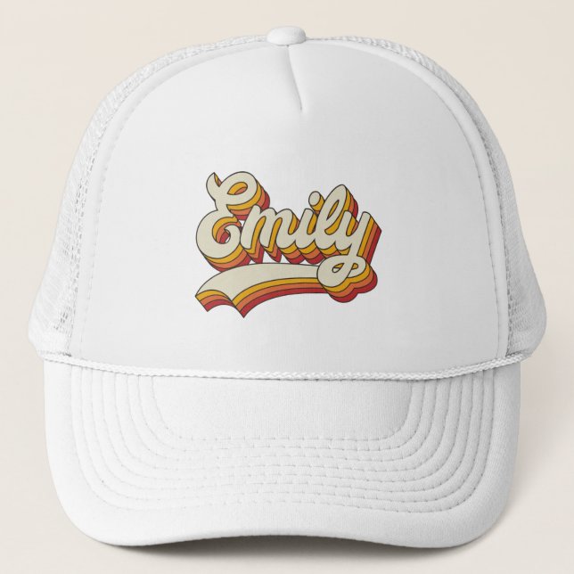 Retro Emily Name 70s Vintage Design Trucker Hat (Front)