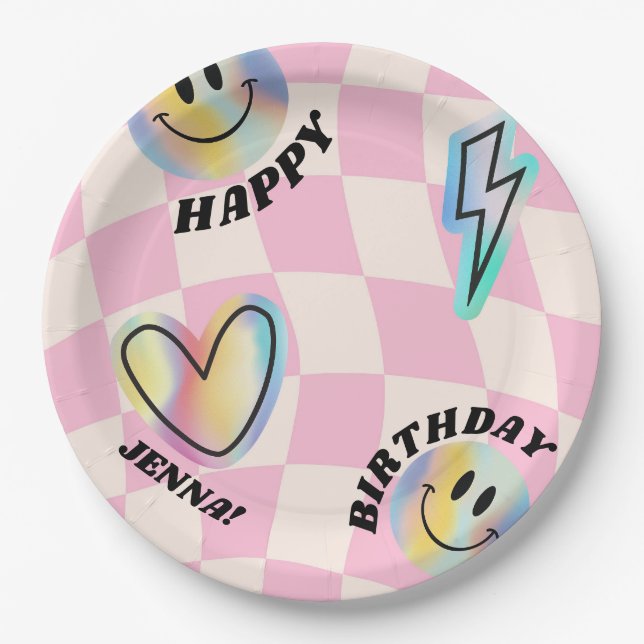 Retro Emoji Smile Birthday For Girls Paper Plate (Front)
