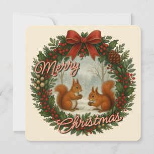 Retro English Holiday Wreath With Cute Squirrels