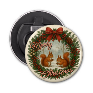 Retro English Holiday Wreath With Cute Squirrels Bottle Opener