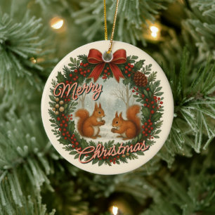 Retro English Holiday Wreath With Cute Squirrels Ceramic Tree Decoration