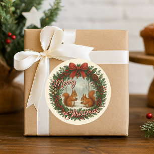 Retro English Holiday Wreath With Cute Squirrels Classic Round Sticker