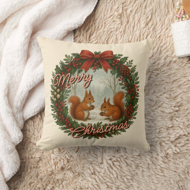 Retro English Holiday Wreath With Cute Squirrels Cushion (Blanket)