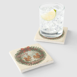 Retro English Holiday Wreath With Cute Squirrels Stone Coaster