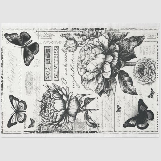 Retro ephemera black and white peonies butterfly tissue paper (Front)