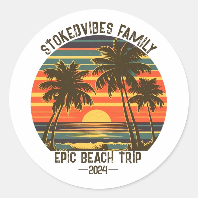 Retro Epic Family Beach Trip Personalised Vacation Classic Round Sticker (Front)