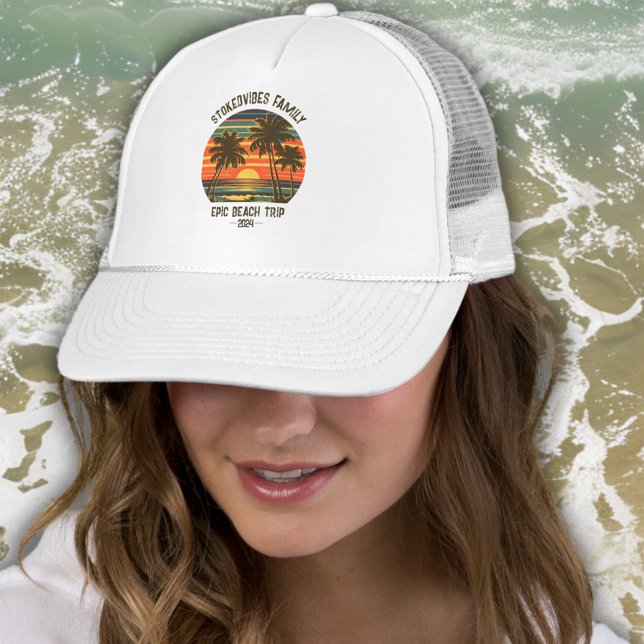 Retro Epic Family Beach Trip Personalised Vacation Trucker Hat (Retro Epic Family Beach Trip Vacation Customizable Personalized Hat Famil Keepsake Momento Gift)