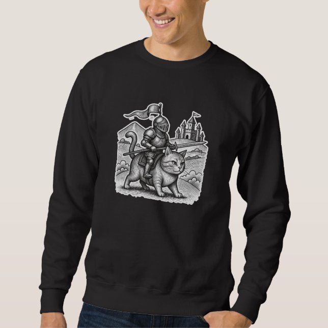 Retro Etching Knight Riding Cat – Mediaeval Cartoo Sweatshirt (Front)