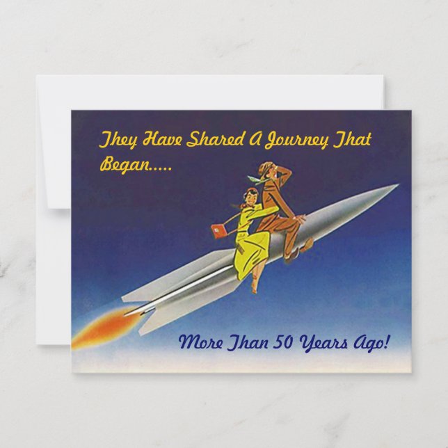 Retro Evening Rocket Ship Riding Couple Invitation (Front)