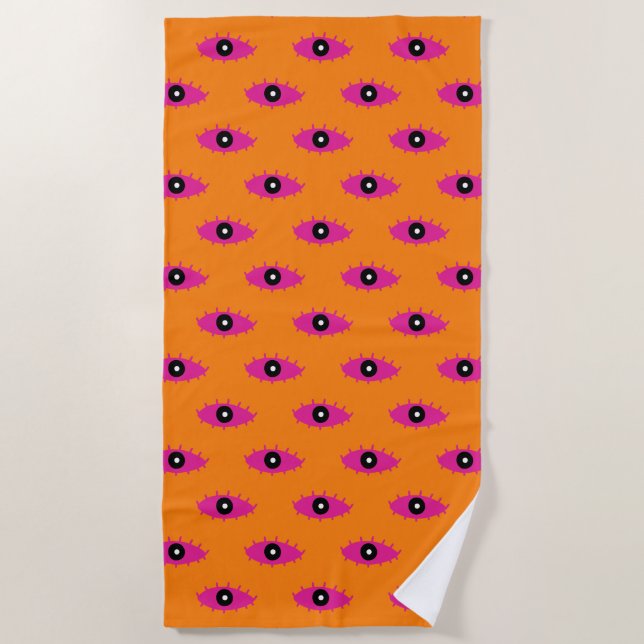 Retro Evil Eye Pattern Burnt Orange& Pink Bohemian Beach Towel (Front)