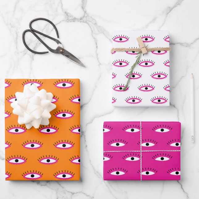 Retro Evil Eye Pattern Pink Orange White BOHO  Wrapping Paper Sheet (Front)