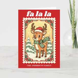 Retro Fa La La Reindeer Christmas Postage Stamp Holiday Card