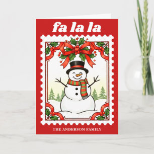 Retro Fa La La Snowman Christmas Postage Stamp Holiday Card