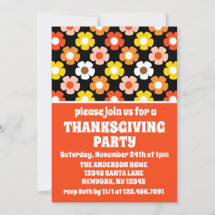 Retro Fall Autumn Flowers Black Thanksgiving Party Invitation